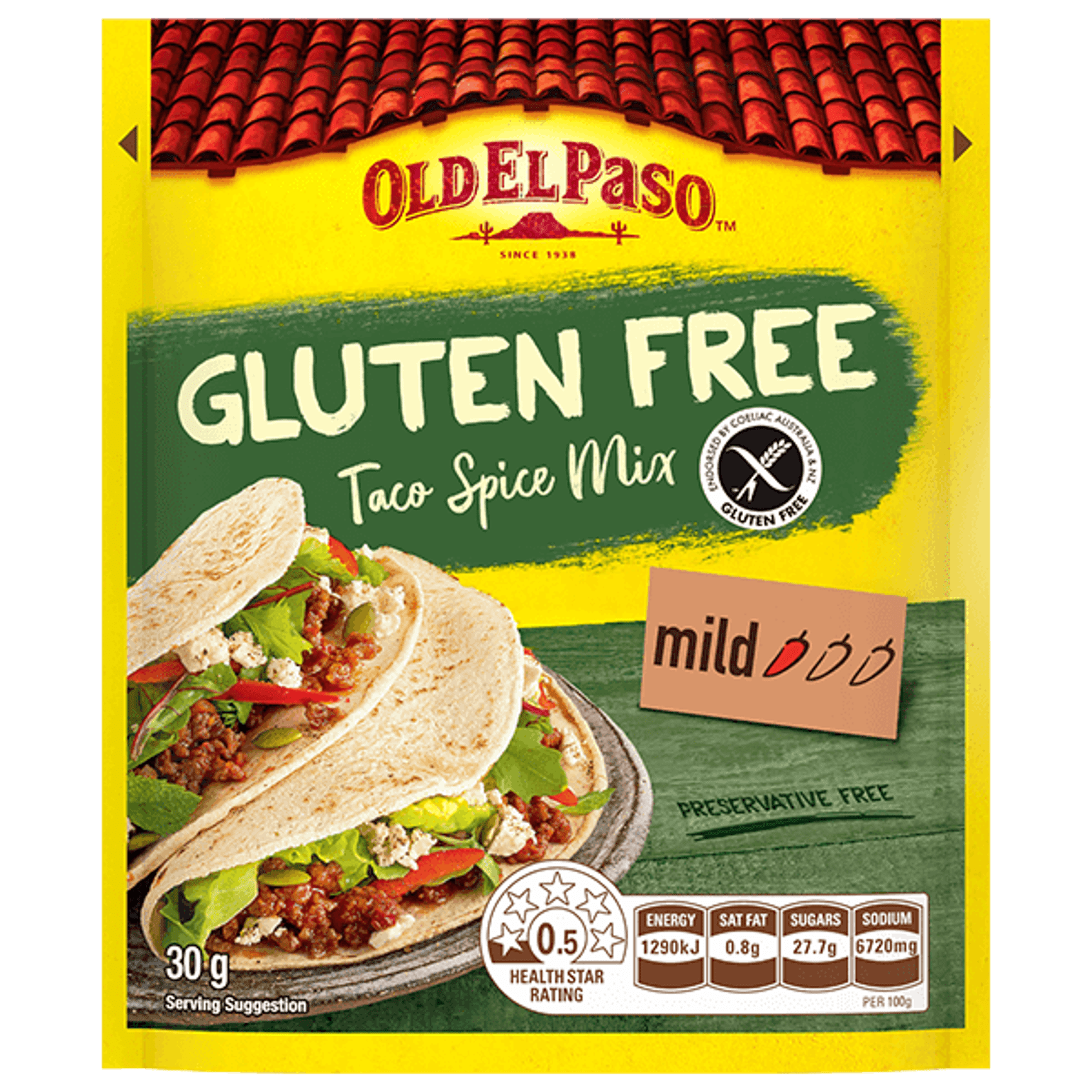 a pack of Old El Paso's gluten free mild taco spice mix (30g)